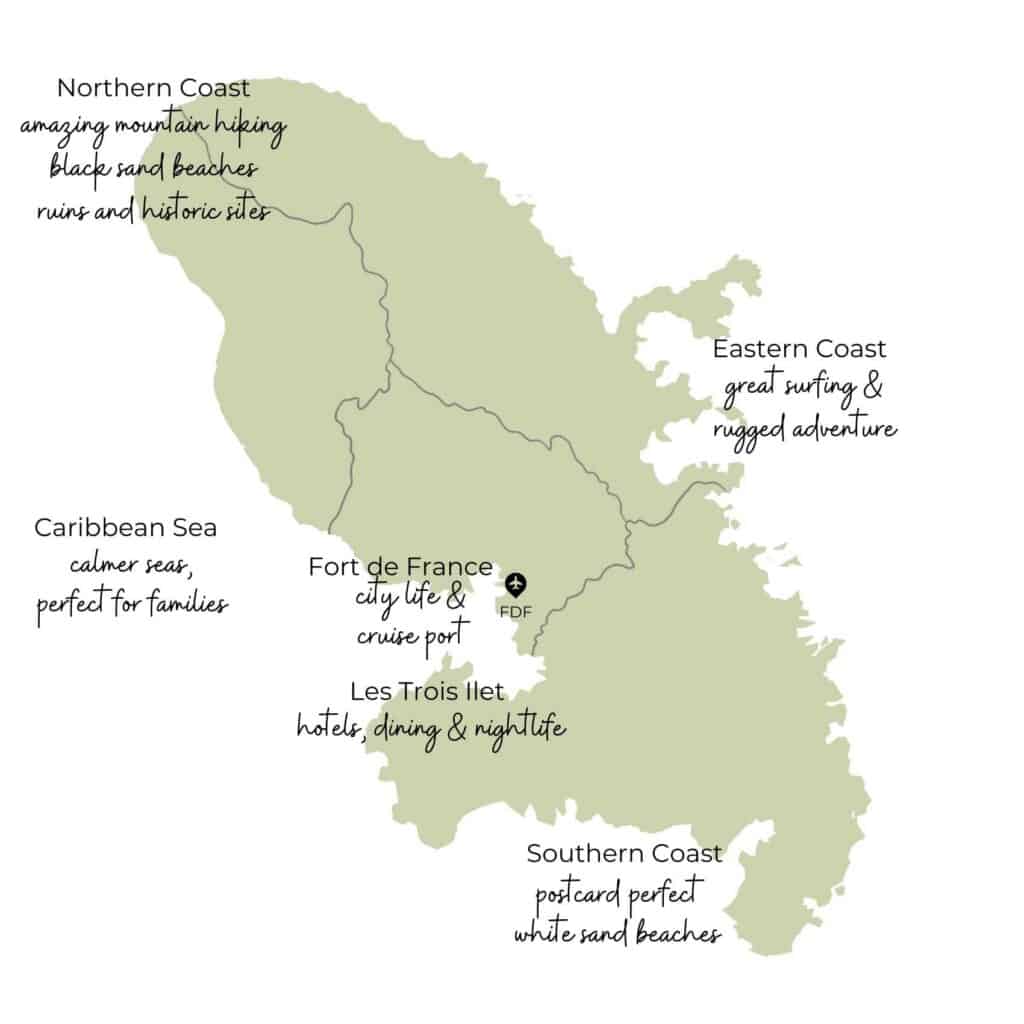 Illustrated map showing where to stay in Martinique including Fort-de-France and Les Trois-Ilets