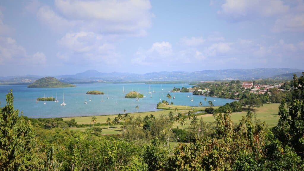 Sweeping panoramic view of a bay dotted with sailboats and lush hills in this Martinique travel guide