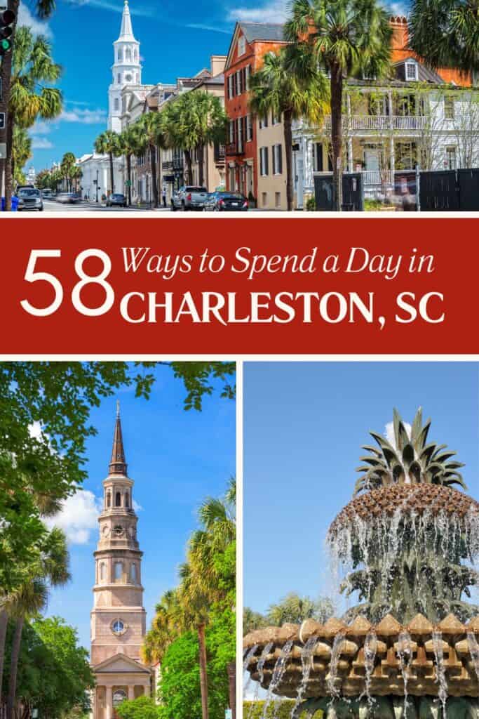 Bright street view of Charleston, SC with colorful buildings, palm trees, and clear sky.