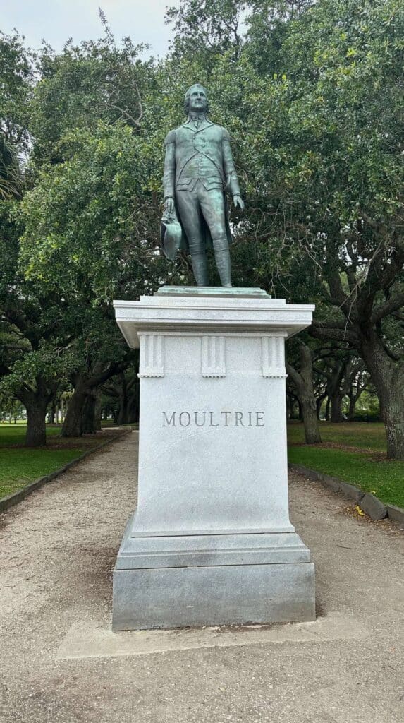 Moultrie statue framed by live oaks at White Point Garden, one of many romantic things to do in Charleston
