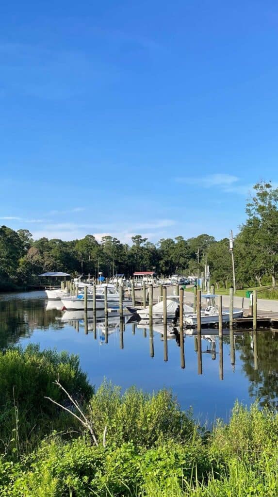 Boats docked at Ocean Springs Harbor with calm water and marina views along the Mississippi Gulf Coast.