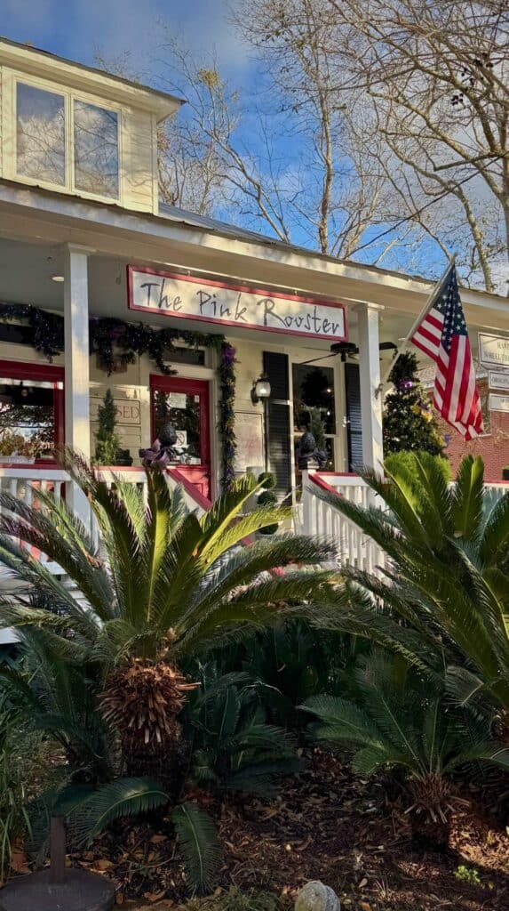 Building with a sign reading "The Pink Rooster" surrounded by lush plants and an American flag outside in Ocean Springs Mississippi.