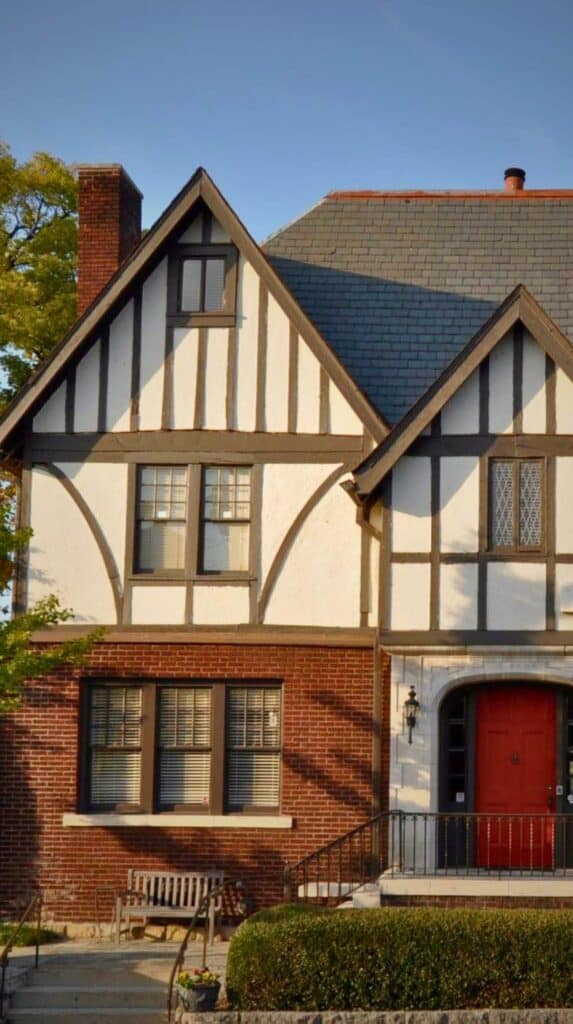 Tudor-style historic home with brick and cream exterior at Bluff View Inn in Chattanooga’s Bluff View Art District.