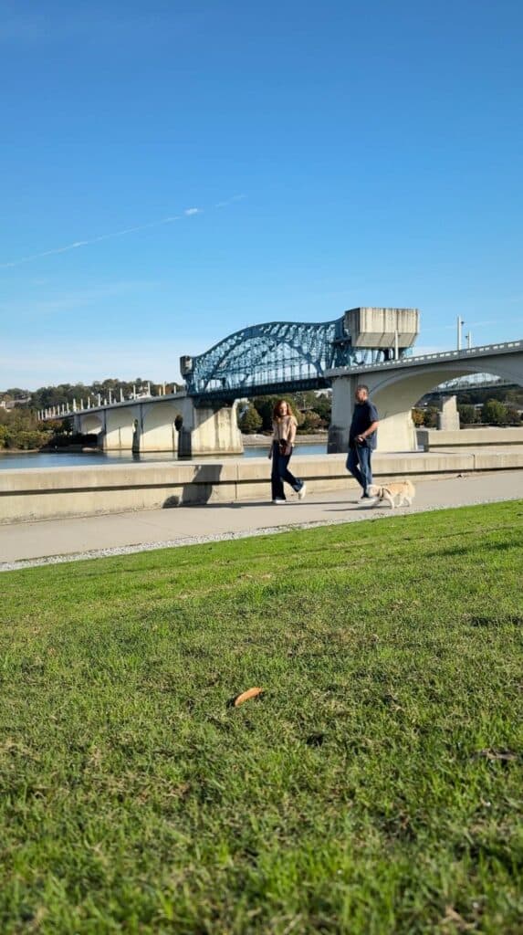 Couple walking near the Walnut Street Bridge on a sunny day in downtown Chattanooga with green grass and blue sky in the foreground.