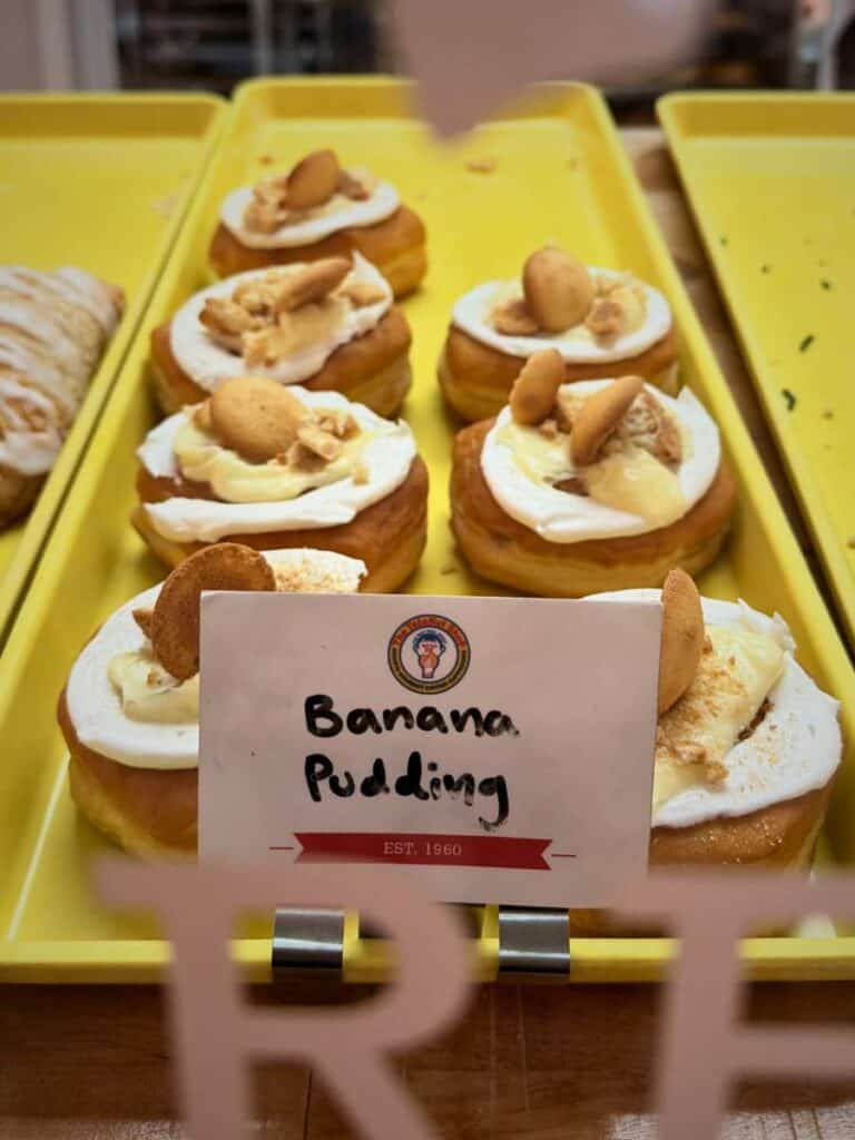 A tray of banana pudding donuts topped with vanilla wafers, tasty places to eat in Ocean Springs, MS mornings.