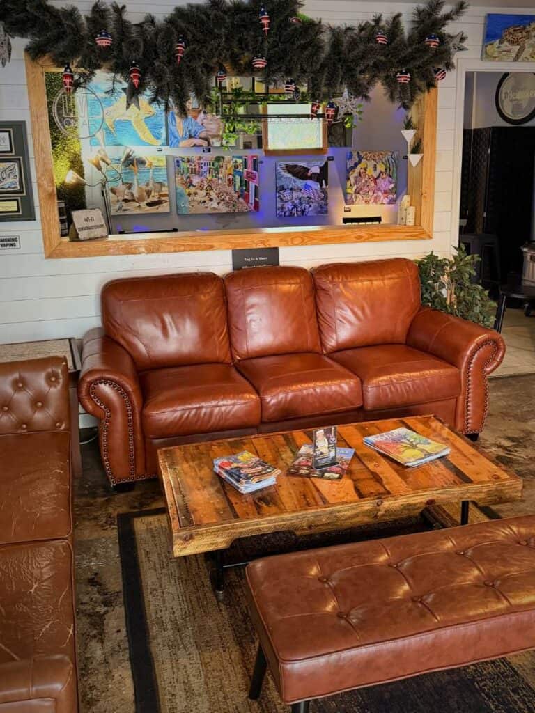 Funky decor and comfy leather sofas at a favorite best restaurant Ocean Springs, MS locals recommend.