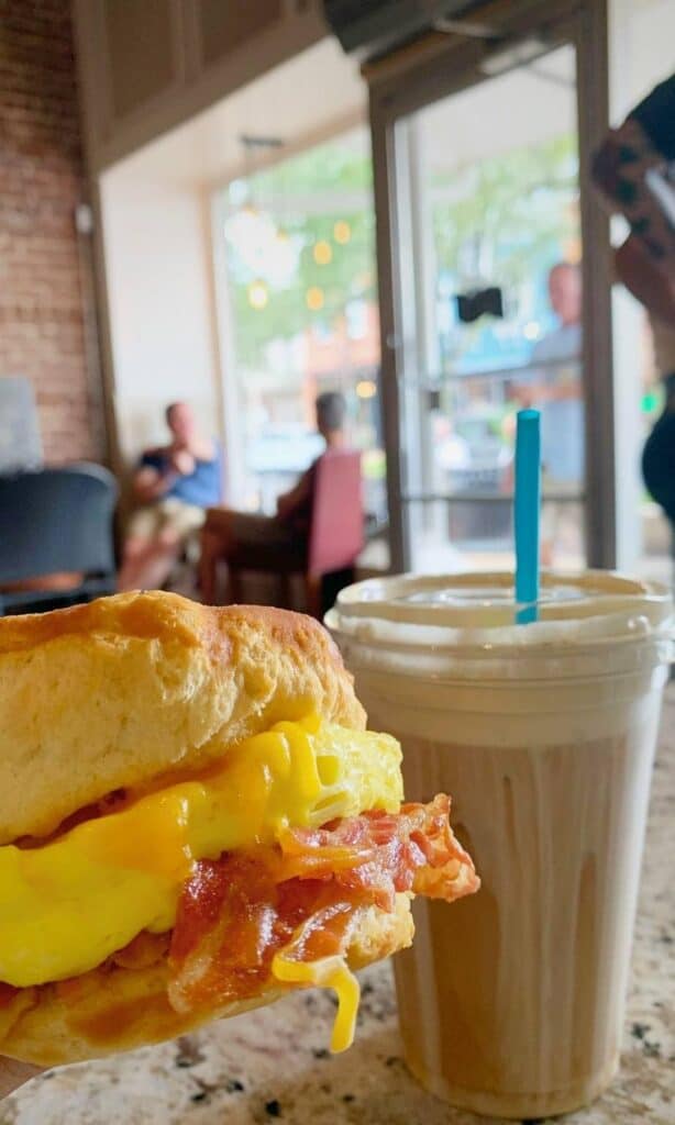 Breakfast sandwich and iced coffee at Amelia Island Coffee.