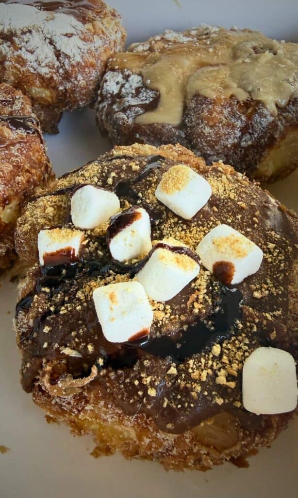 A s'mores Campfire doughnut with toasted marshmallows, among the Best places to eat in Ocean Springs, MS for dessert.