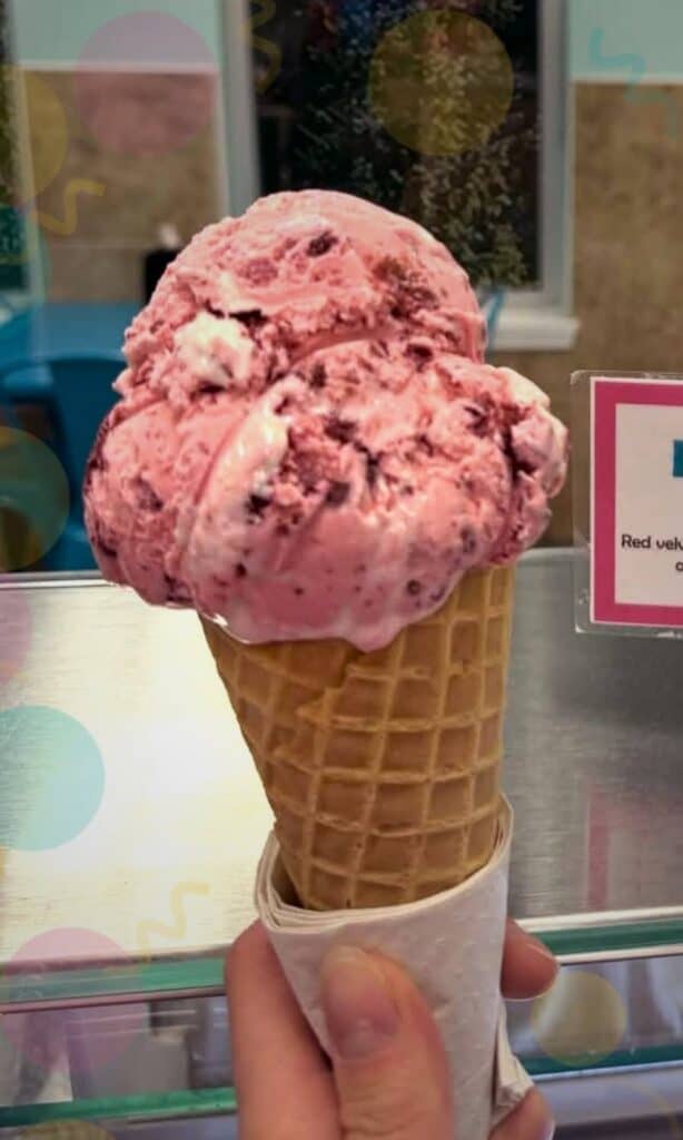 Strawberry ice cream cone at one of the best places to eat in Amelia Island.