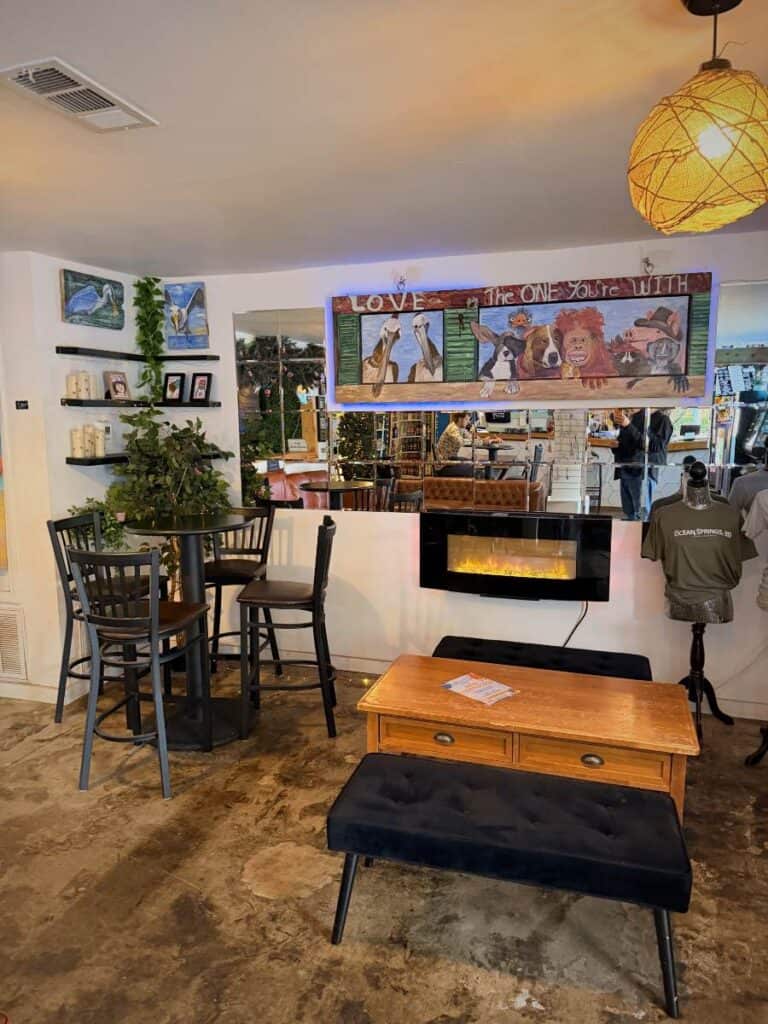 District Coffee's cozy interior with a fireplace lands it among the Best places to eat in Ocean Springs, MS at night.