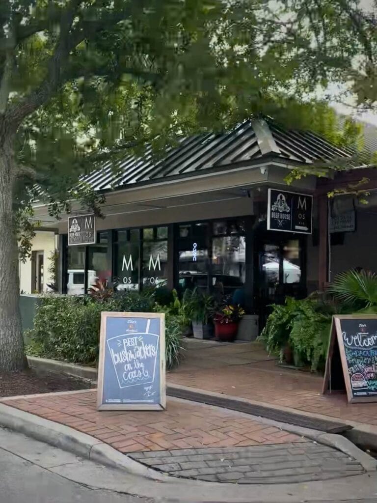 Mosaic restaurant in downtown Ocean Springs with outdoor seating along the street, a popular date night spot for food and cocktails.