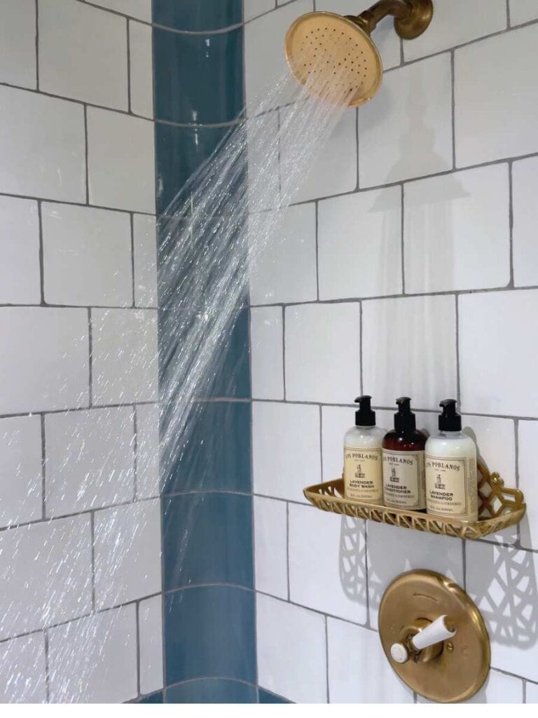 Water running from a brass shower head at Hotel Emma San Antonio over white subway tile