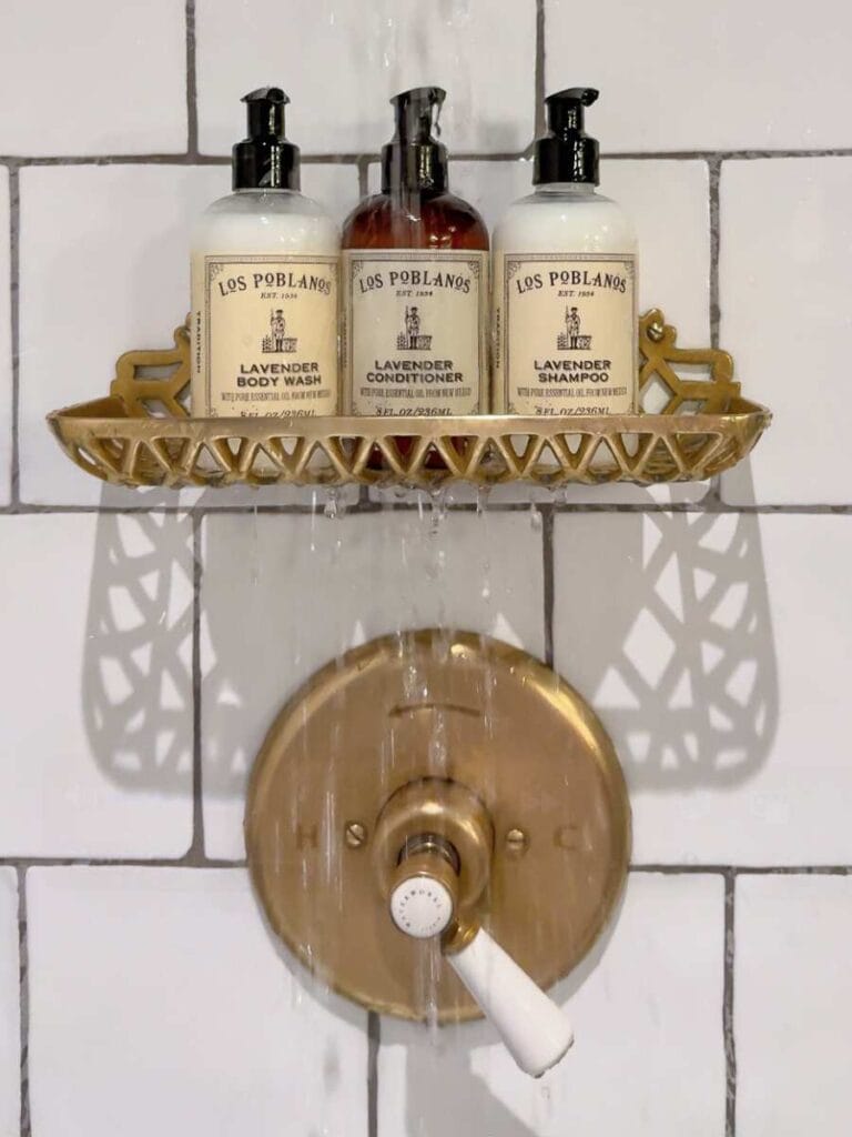Los Poblanos lavender shampoo and body wash on a brass shelf, a Hotel Emma bathroom amenity