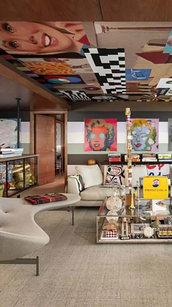 Stylish lounge with colorful artwork and modern seating at a Vancouver cruise port hotel.