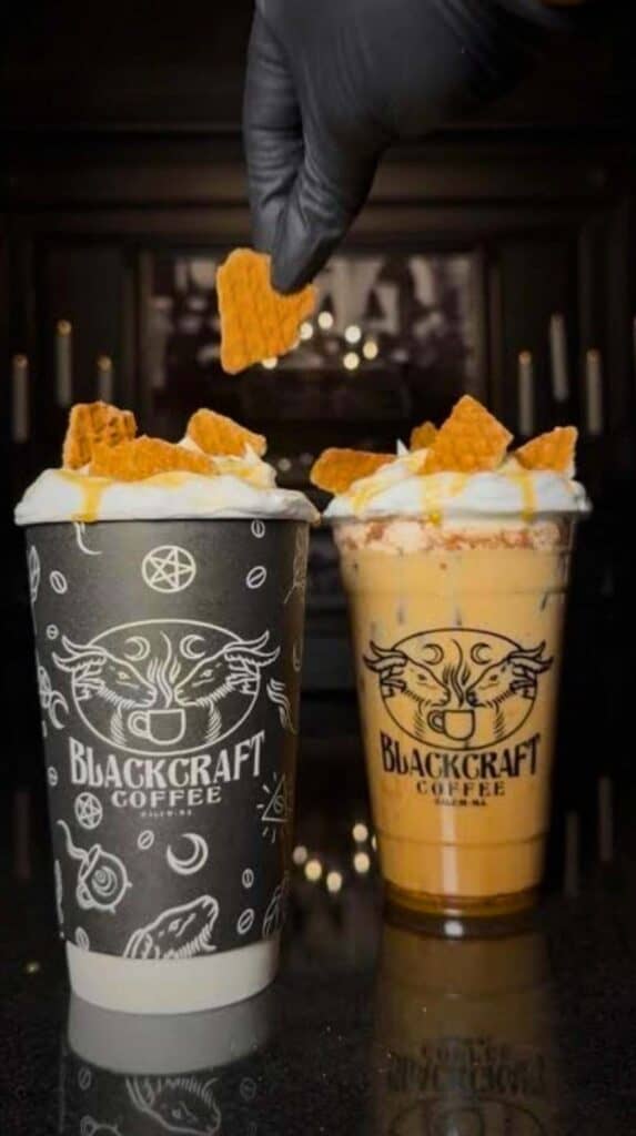 Iced drinks topped with whipped cream and cinnamon at Blackcraft Coffee in Salem
