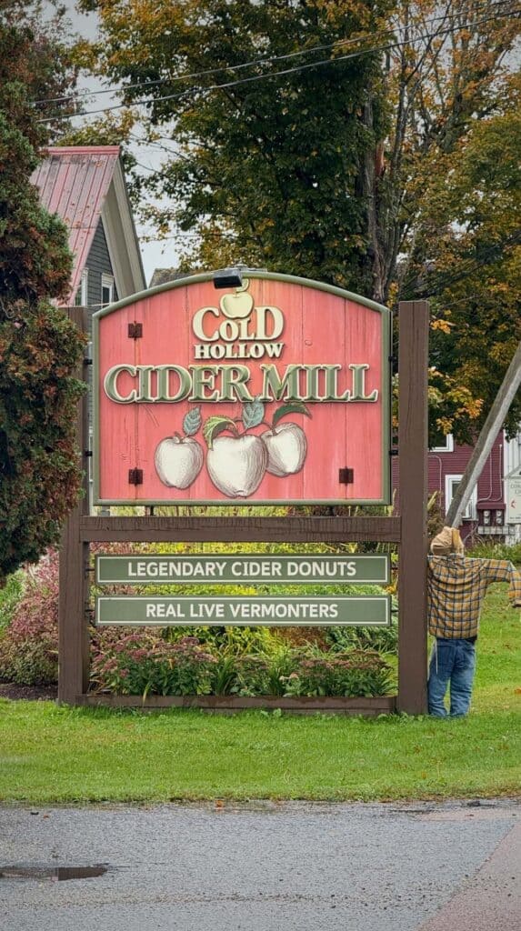 The Cold Hollow Cider Mill sign advertises legendary cider donuts in Waterbury
