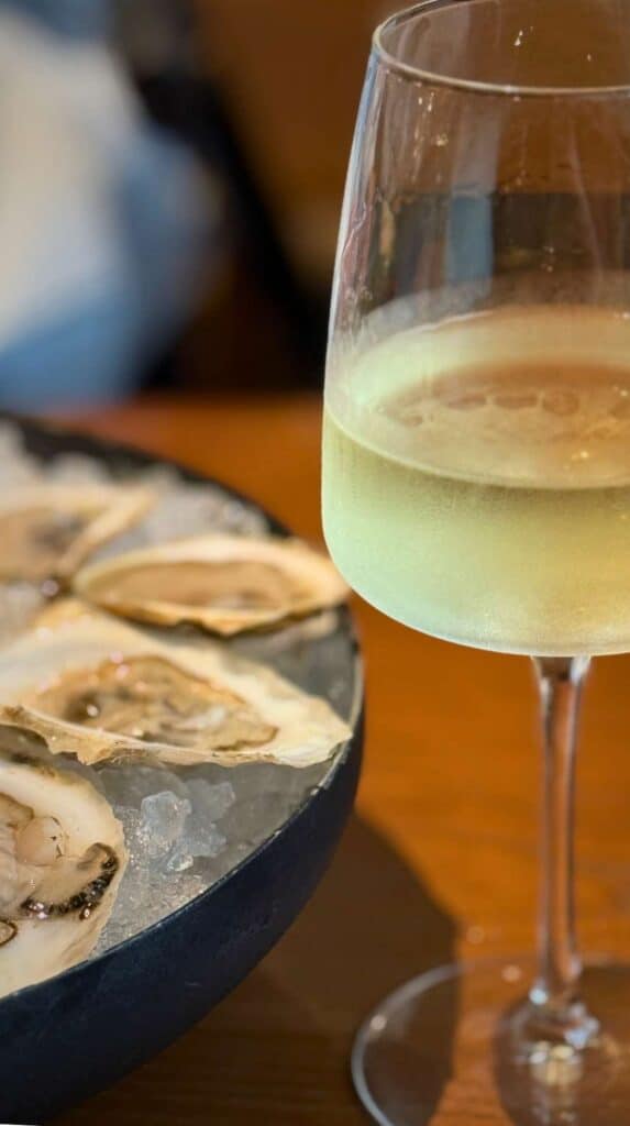 Oysters and a glass of champagne at a Stowe, Vermont restaurant
