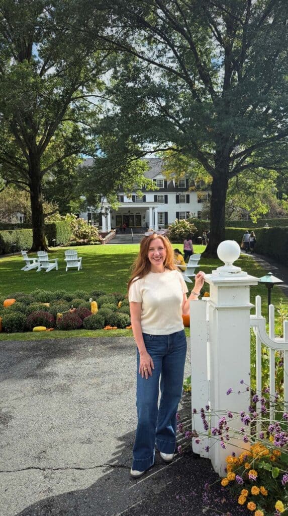 Standing at the gate of a historic inn in Woodstock, Vermont
