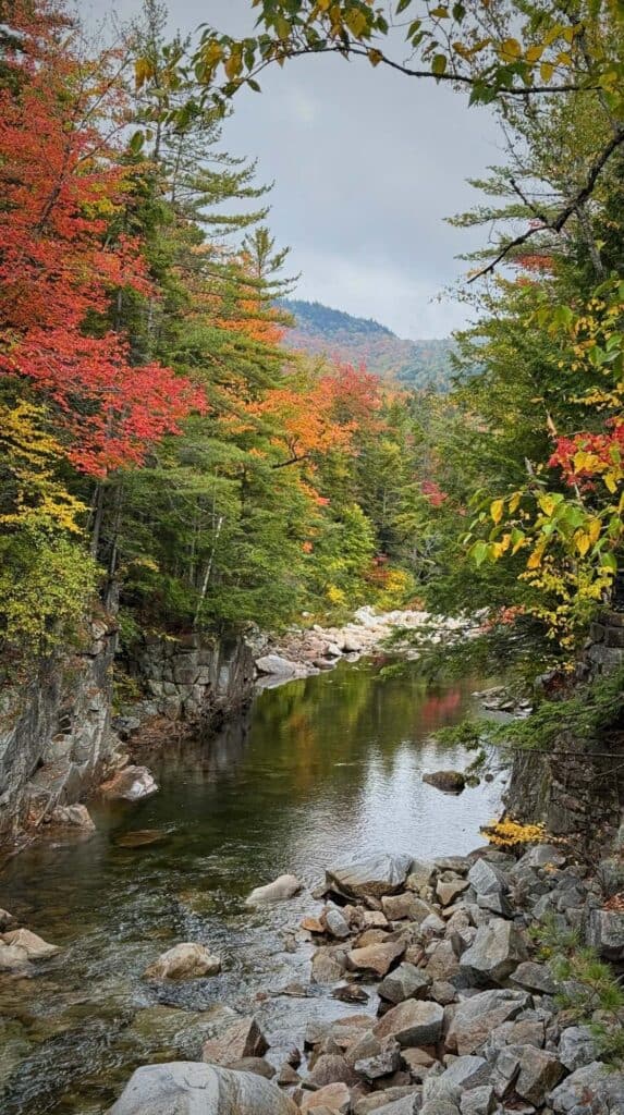 Clear water flows over rocks beneath vivid fall foliage near Sabbaday Falls
