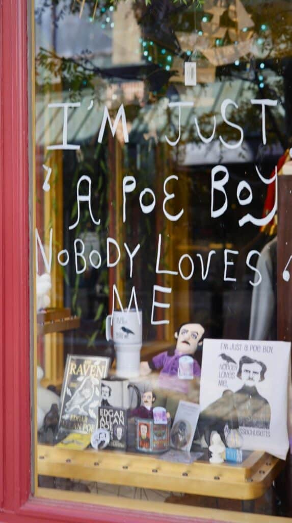 An Edgar Allan Poe themed shop window display in downtown Salem
