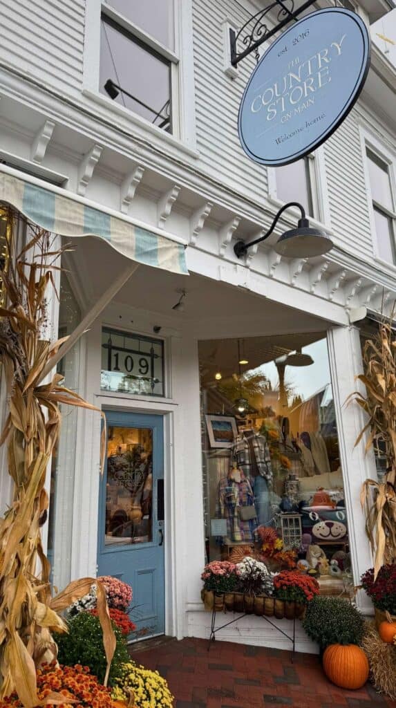 The Stowe Mercantile country store front decorated for fall
