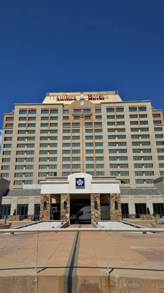 Tall exterior of The Antlers, one of the coolest hotels Colorado Springs has downtown.

