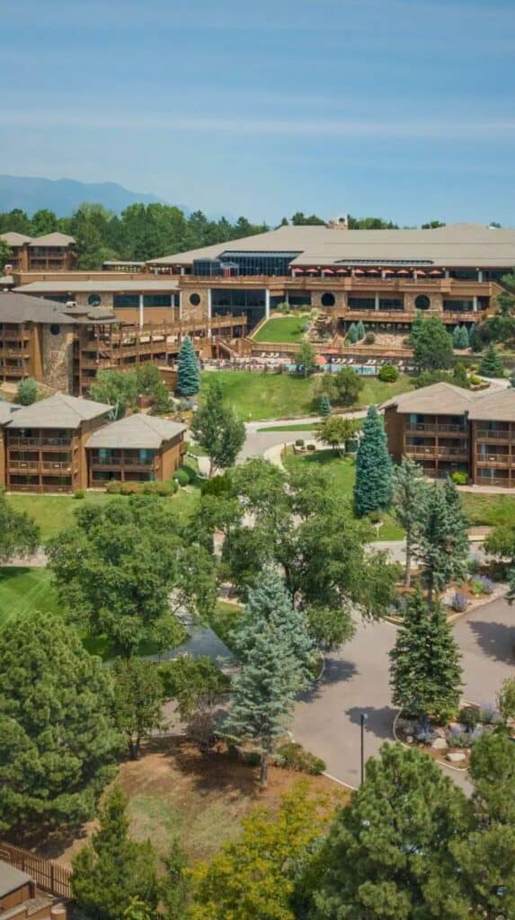 Aerial view of Cheyenne Mountain Resort grounds, among the unusual places to stay Colorado Springs offers.
