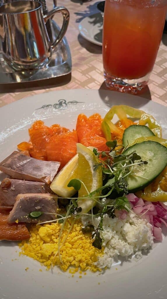 A bagel and lox plate with smoked salmon, capers, and egg at the Lake Terrace Dining Room
