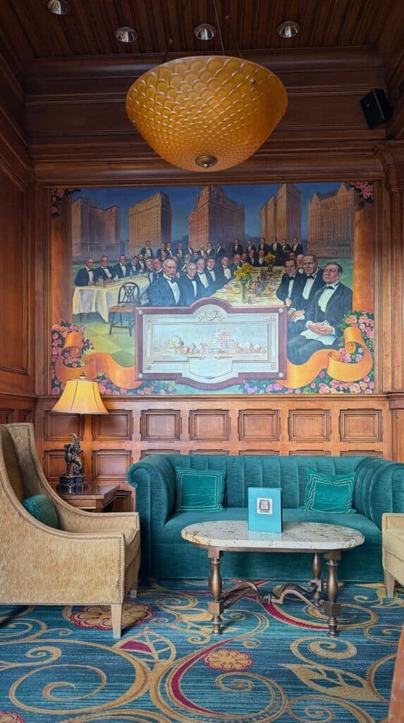 A teal velvet sofa, colorful mural, and patterned carpet inside the Hotel Bar